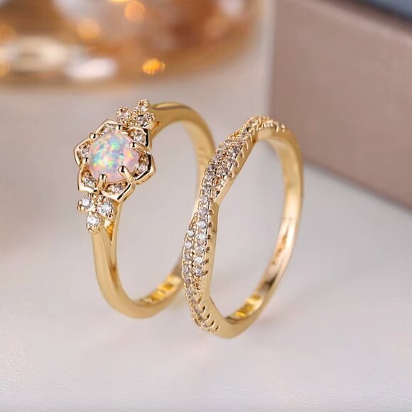 NEW 18k Gold White Opal Ring Dainty Flower Diamond Ring Set of 2 Bands - Picture 2 of 4
